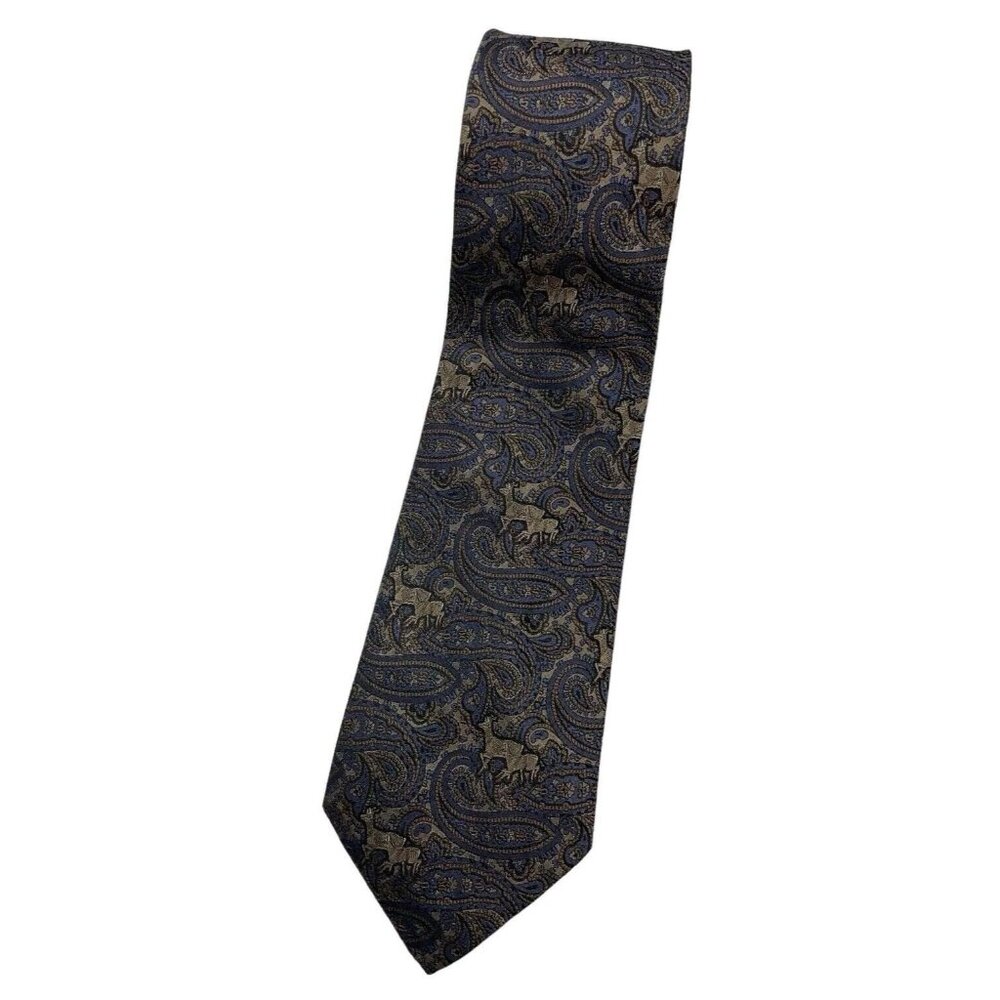 POLO RALPH LAUREN Men's Silk Tie LUXURY Blue Beige Paisley Gazelle W:3.8" EUC